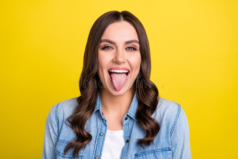 Photo of Childish Fooling Young Woman Dressed Denim Shirt Showing ...