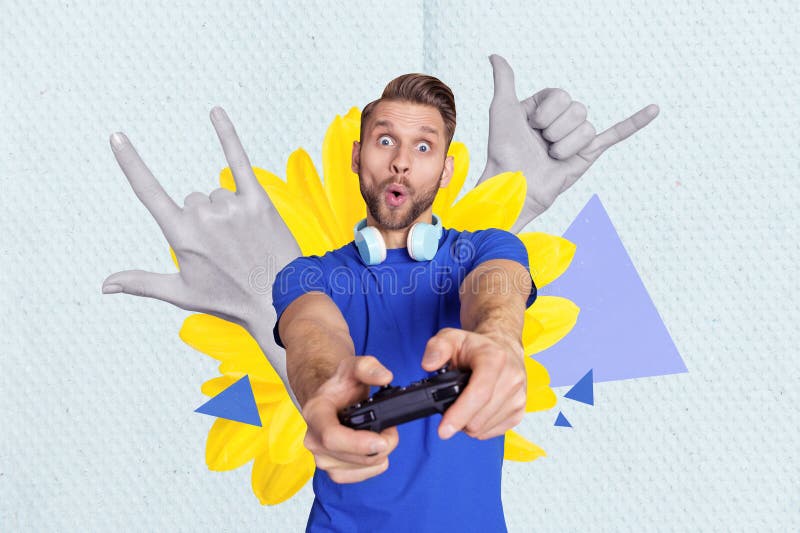 Photo collage artwork minimal picture of impressed funky guy enjoying playstation game isolated drawing background