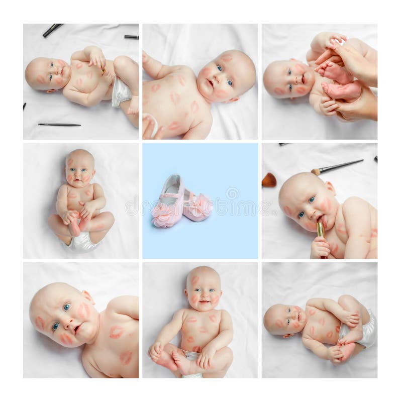 Photo Collage Cute Happy Newborn Baby With Red Lipstick Kisses On The Skin Sitting On White Background Valentines Day Stock Photo Image Of Concept Full