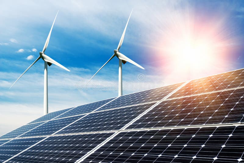 Photo collage of solar panels and wind turbins stock image