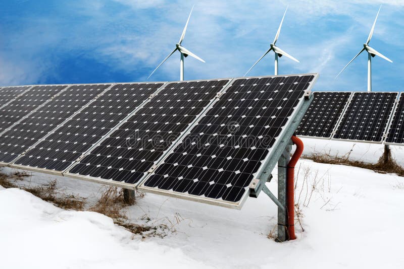 Photo collage of solar panels and wind turbins in winter with snow stock images Photo collage of solar panels and wind turbins in winter with snow stock images