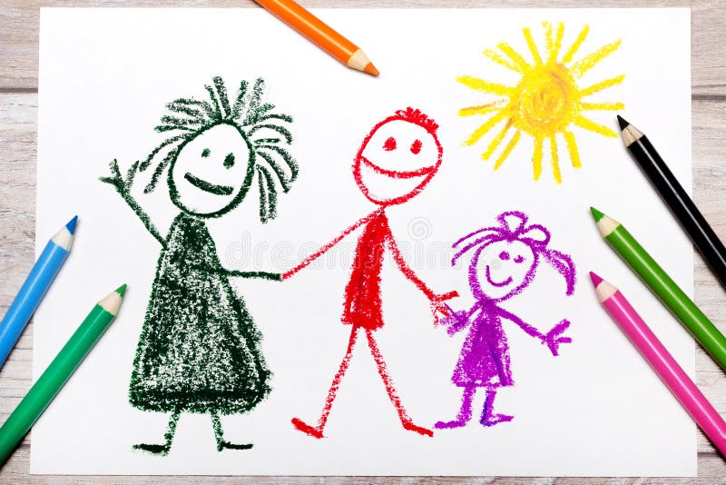 Photo of colorful hand drawing: Happy family. Mother, father and daughter.