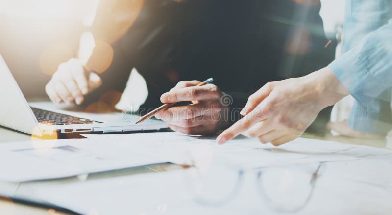 Photo Coworkers Team Working Modern Office. Man Using Generic Design Laptop Holding Pencil. Account Manager Work New royalty free stock photos