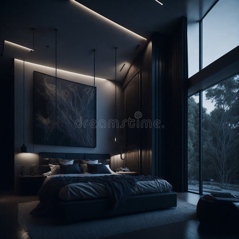 Ai Generated a Cozy Bedroom with a Stunning Painting As the Focal Point Stock Illustration