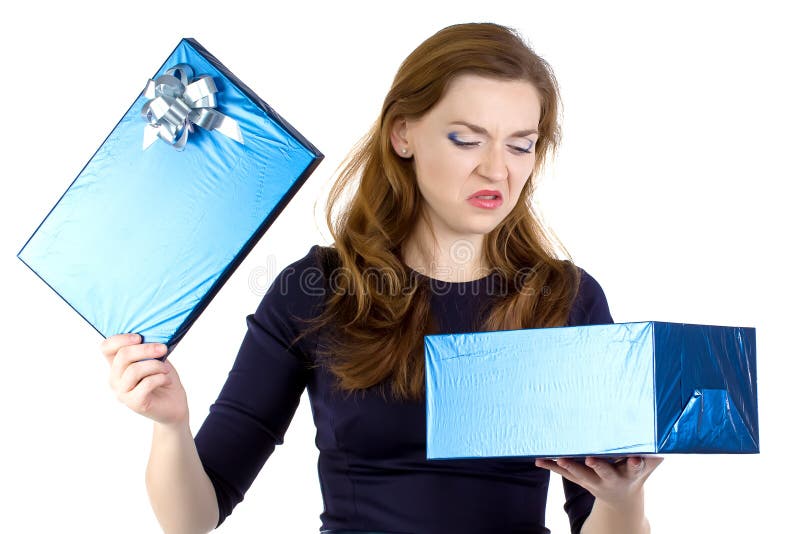 Photo of cranky woman received the gift on white background