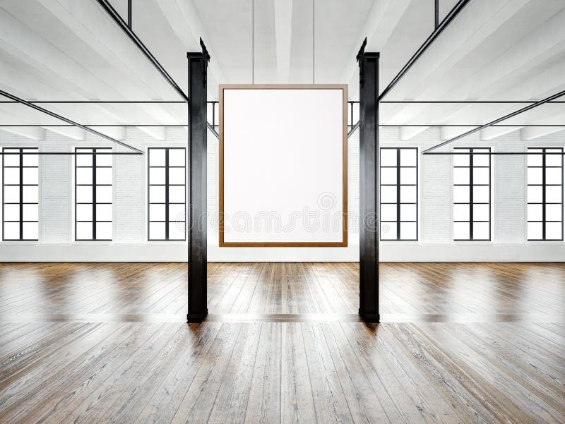 Photo d'intérieur vide dans le bâtiment moderne Grenier de l'espace ouvert Videz la toile blanche accrochant sur le cadre en bois illustration stock Photo d'intérieur vide dans le bâtiment moderne Grenier de l'espace ouvert Videz la toile blanche accrochant sur le cadre en bois illustration stock
