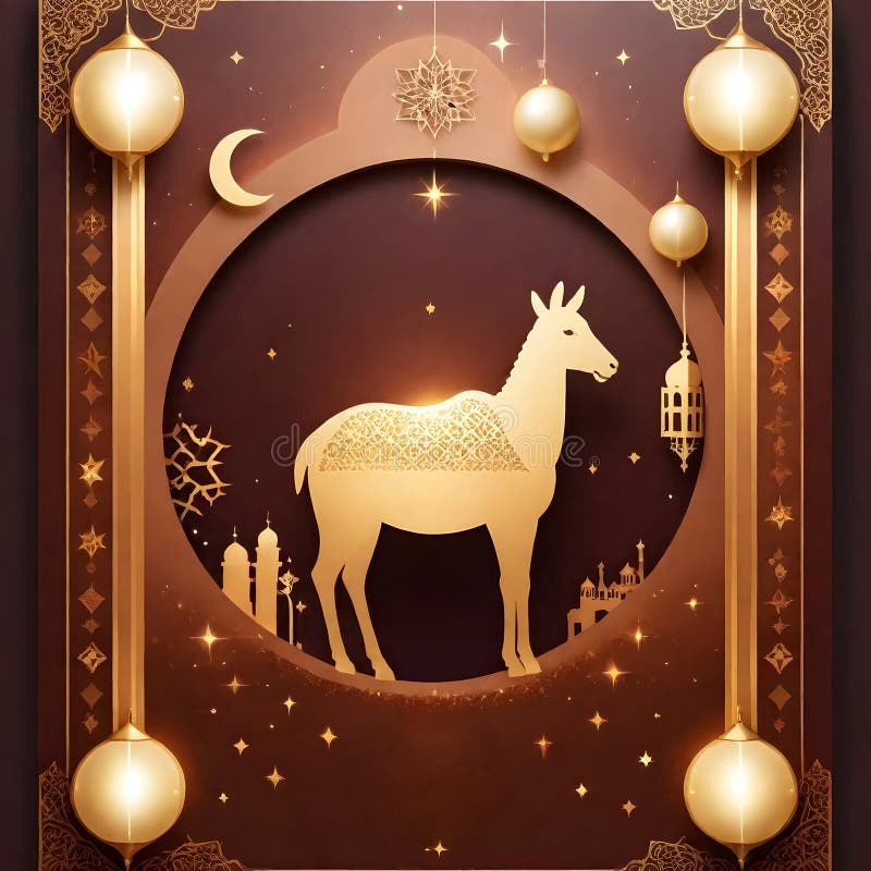 AI generated of a picture of a sheep with islamic ornaments, stars, and lanterns on brown background. AI generated of a picture of a sheep with islamic ornaments, stars, and lanterns on brown background