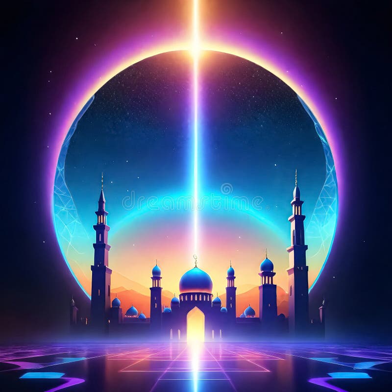 AI generated of a picture of a mosque with a blue moon in the futuristic concept background. AI generated of a picture of a mosque with a blue moon in the futuristic concept background