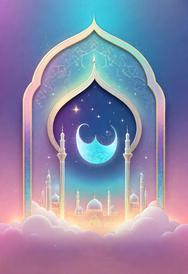 AI generated of a picture of a mosque with a blue moon and clouds in the holographic iredescent background. AI generated of a picture of a mosque with a blue moon and clouds in the holographic iredescent background