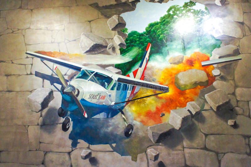 Photo of 3D Wall Painting of Falling Airplane drove out of stone brick wall