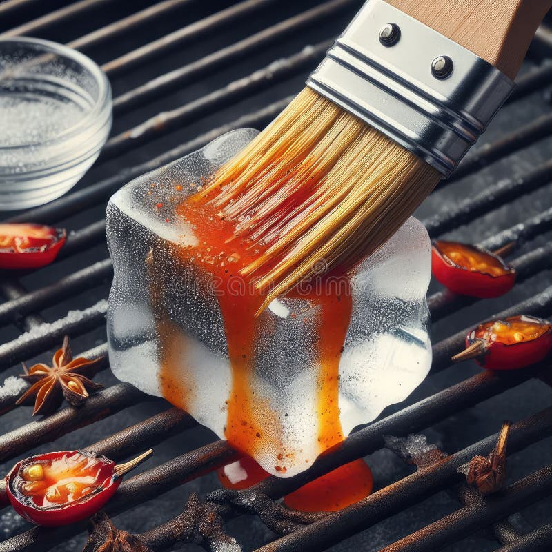 Photo de glaçons transparents grillés sur le grill avec une source épicée sur la brosse. foule floue sur fond macro objectif ai généré
