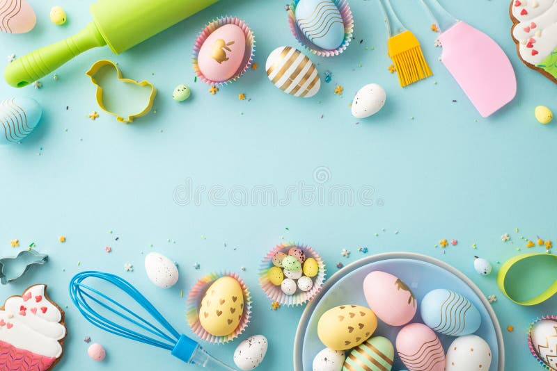 Photo De La Vue Du Haut Des Oeufs Colorés Dans L'assiette Rouleau épingle  Silicone Spatula Brosse Whisk Moules à Cuisson Cupcake G Photo stock -  Image du décoration, oeuf: 270561788