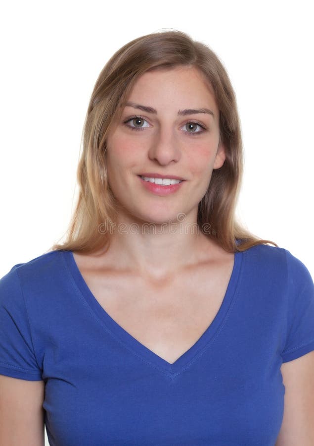 Passport photo of a german woman in a blue shirt on an isolated white background for cut out. Passport photo of a german woman in a blue shirt on an isolated white background for cut out