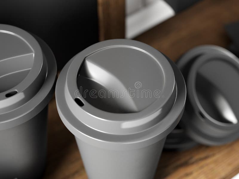 Photo de plan rapproché des tasses de café noir et du tableau sur l'étagère 3d rendent images stock Photo de plan rapproché des tasses de café noir et du tableau sur l'étagère 3d rendent images stock