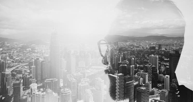 Closeup photo of stylish bearded banker wearing glasses and looking city. Double exposure, panoramic view contemporary megalopolis background. Space for your business message. Closeup photo of stylish bearded banker wearing glasses and looking city. Double exposure, panoramic view contemporary megalopolis background. Space for your business message.