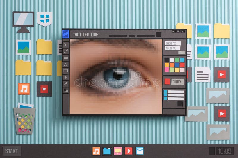 Pictures editing and image retouching using a photo editor, pixels close up, collage and paper cut composition. Computer editing stock images, royalty-free photos and pictures