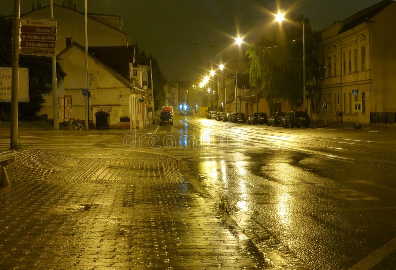 Empty wet street at night illuminated by lamps