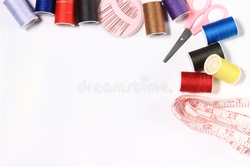 Flat lay or top view, needle, scissor, thread, tailor Meter, at white Background stock photography