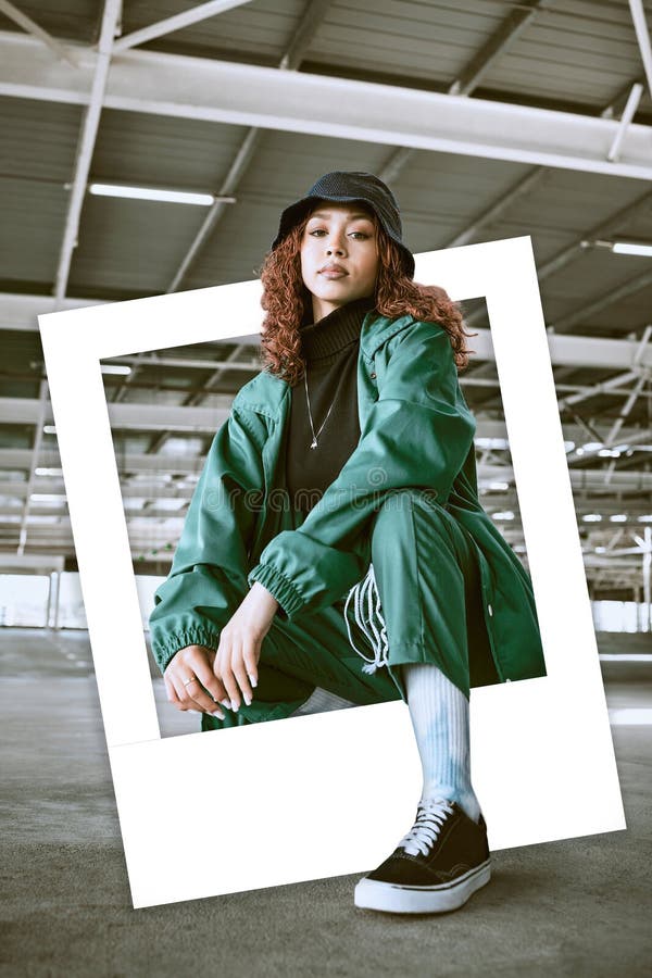 Foto de Fashion clothes, style and black woman with green rap, gen