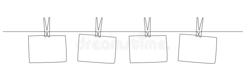Photo frames hanging on the rope with clothespins in one continuous line drawing. Clothesline with pin and peg for photo