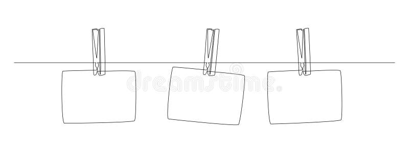 Photo frames hanging on the rope with clothespins in one continuous line drawing. Clothesline with pin and peg for photo