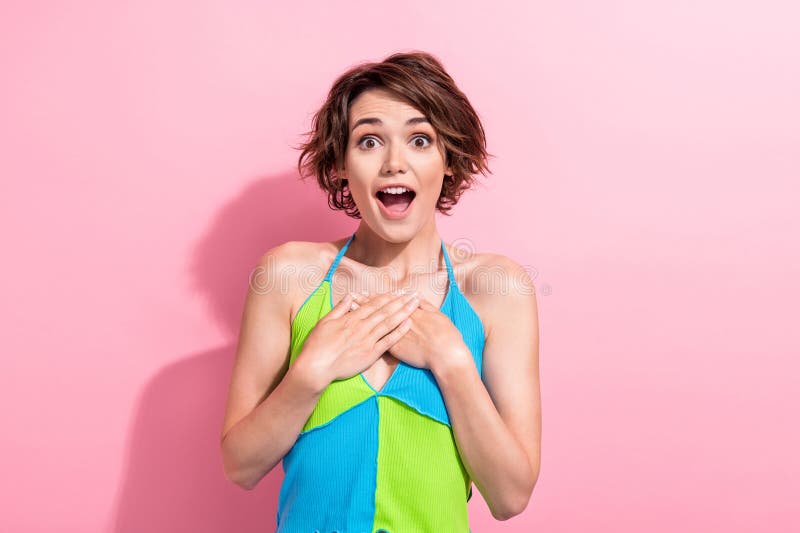 Photo of attractive shocked lady bright lipstick arms hold