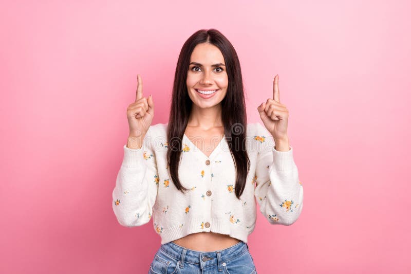 Photo funny charming millennial hispanic lady indicating fingers above head information brand new yorker isolated on royalty free stock image