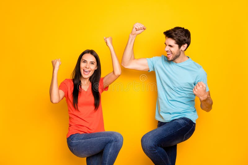 Photo of Funny Two People Guy Lady Celebrating Competition Winning Sportive  Champions Wear Casual Blue Orange T-shirts Stock Image - Image of couple,  girl: 168798119