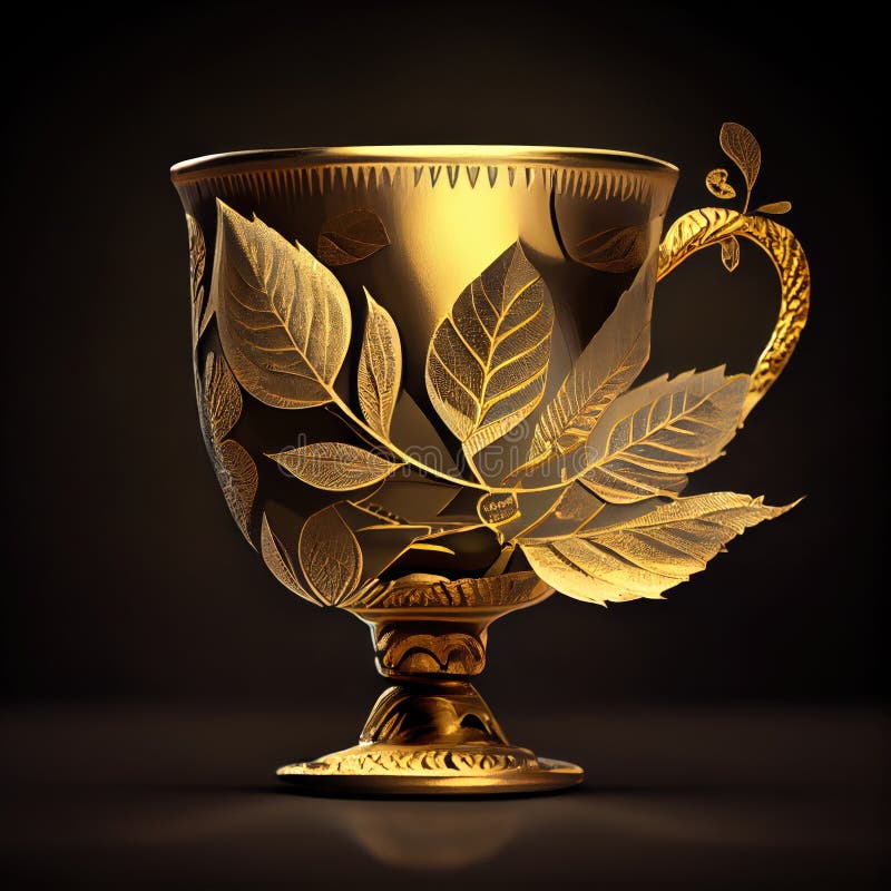 Photo a Gold Cup with a Leaf Design on it. Generate Ai Stock