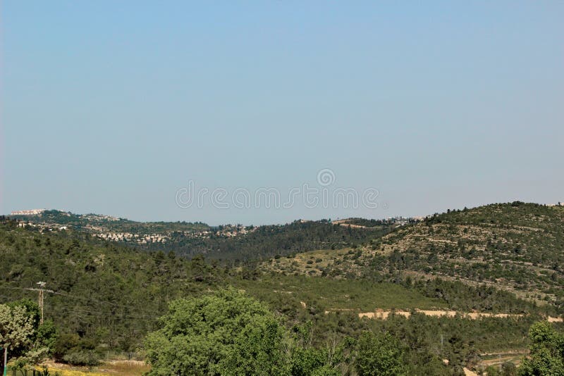 Green mountains with settlements near Jerusalem, Israel