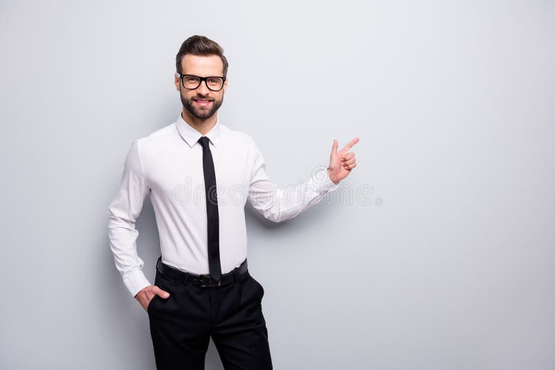 Photo of Handsome Macho Business Man Smiling Friendly Agent Indicating ...