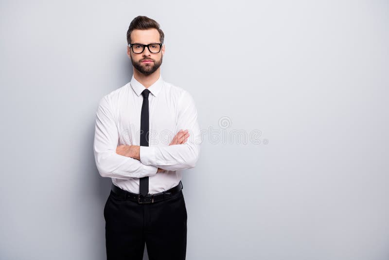 Photo of Handsome Young Business Man Bossy Crossed Arms Meet Colleagues ...