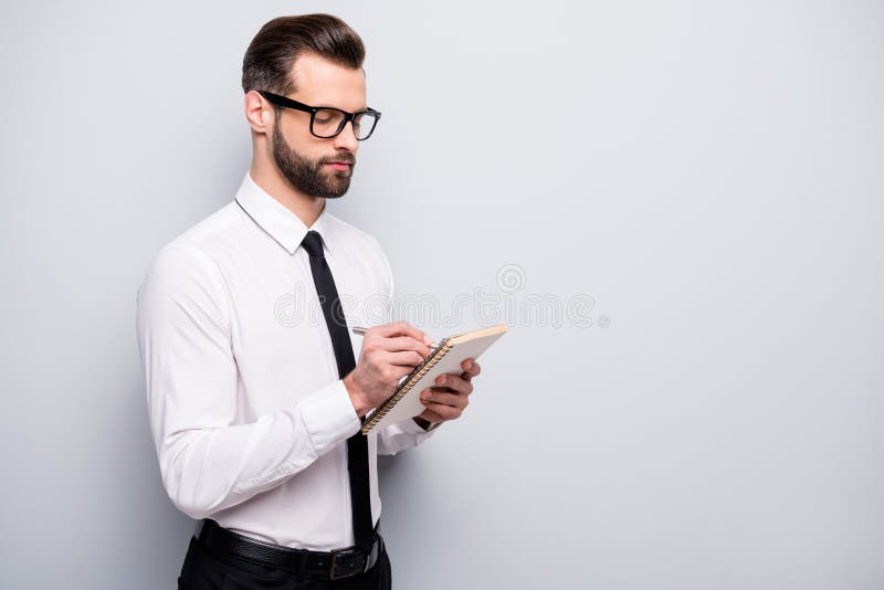 Photo of Handsome Young Business Man Preparing Corporate Speech Writing  Creative Idea Focused Wear Specs White Office Stock Image - Image of boss,  notepad: 171657517