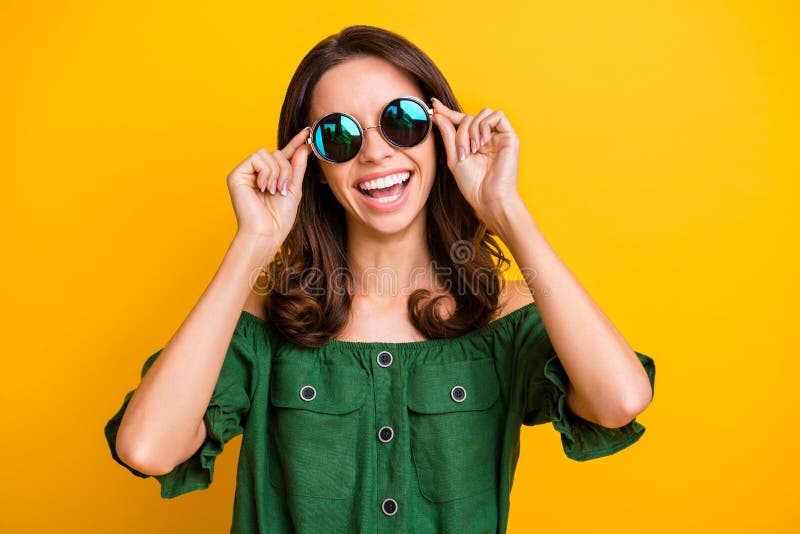 Photo of Happy Nice Cheerful Young Woman Wear Touch Sunglass Beaming ...