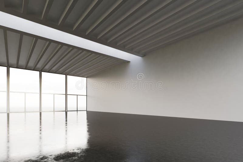 Photo of huge empty space gallery in modern building.Empty interior loft style with concrete floor,panoramic windows stock images Photo of huge empty space gallery in modern building.Empty interior loft style with concrete floor,panoramic windows stock images