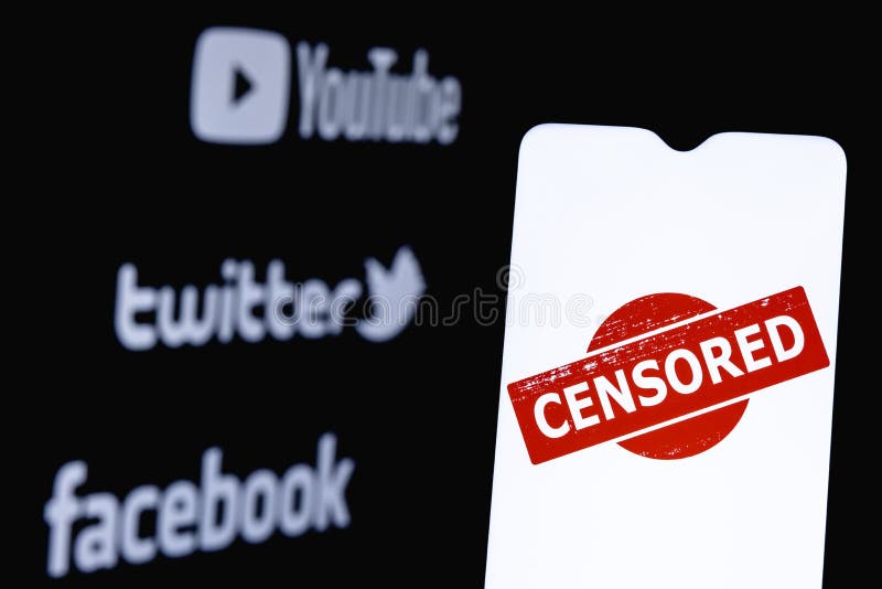 The photo illustrates the use of censorship in the popular social media Youtube, Twitter and Facebook. Censored in social network.