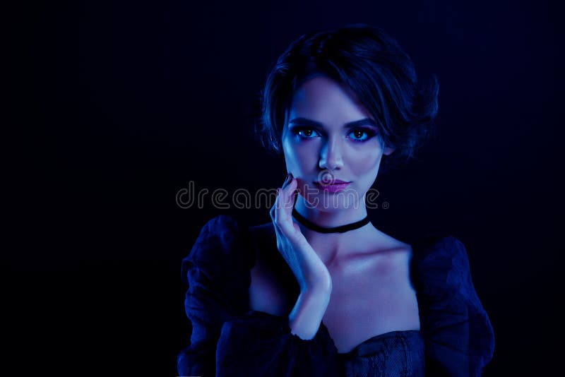 Photo of lady goth in vintage old fashion outfit theme halloween masquerade isolated ultraviolet color background