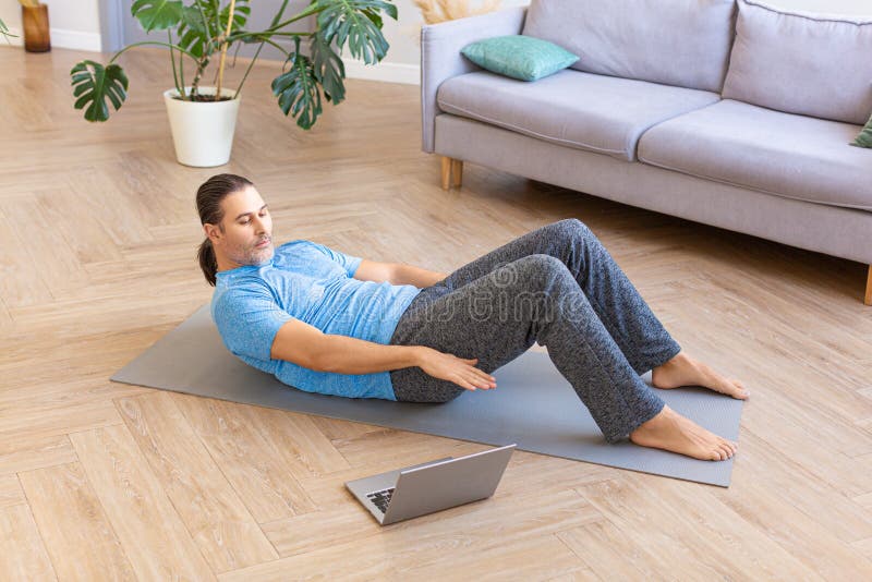 Photo Of A Middle Aged Man Practicing Abs Crunches Training Abdominal