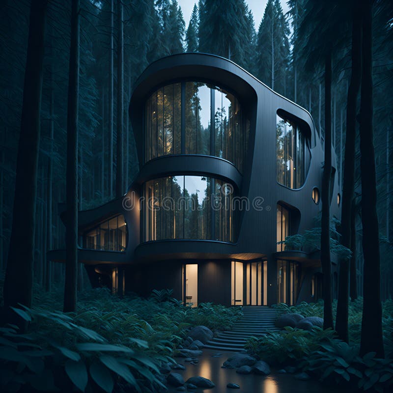 A mysterious building amidst a dark forest at night stock illustration.