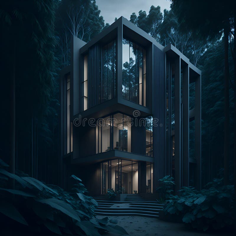 A mysterious building surrounded by trees under the night sky stock illustration.