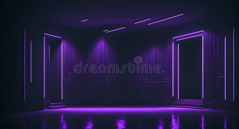 A mysterious, purple-lit room with a mirror reflecting the unknown stock illustration.