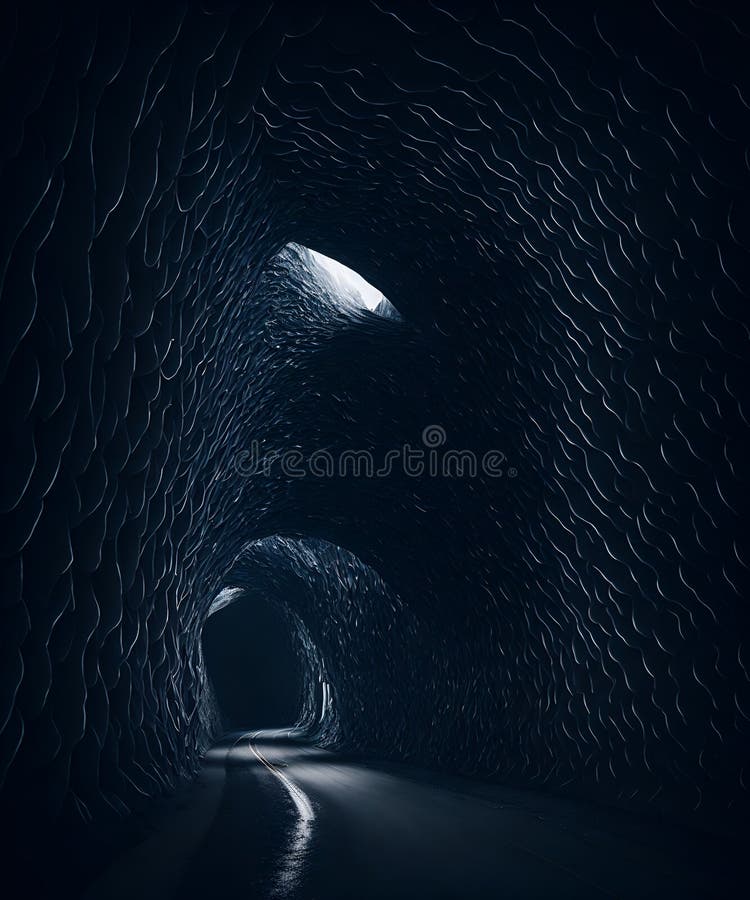 A mysterious tunnel with a glowing light at the end stock illustration.