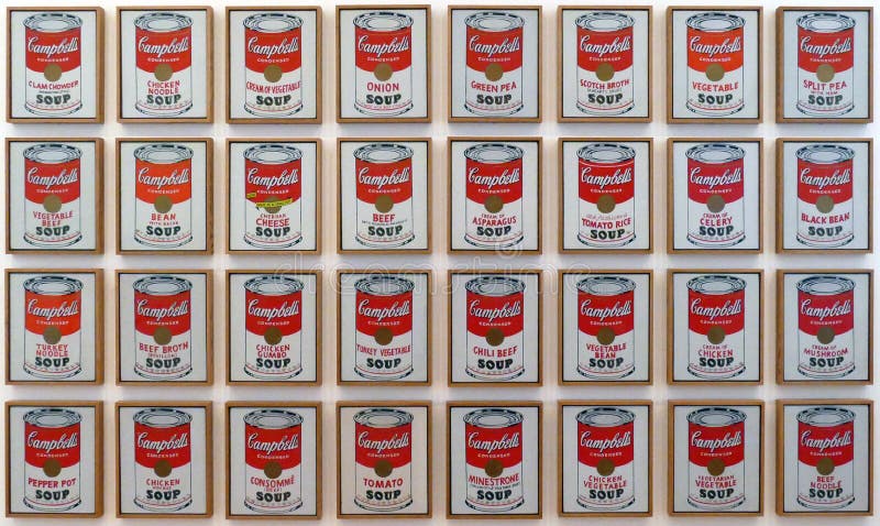 Photo of the original paintings `Campbell`s Soup Cans` by Andy Warhol stock images Photo of the original paintings `Campbell`s Soup Cans` by Andy Warhol stock images