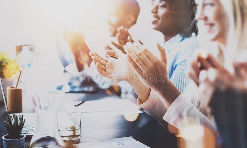 Photo of partners clapping hands after business seminar. Professional education, work meeting, presentation or coaching