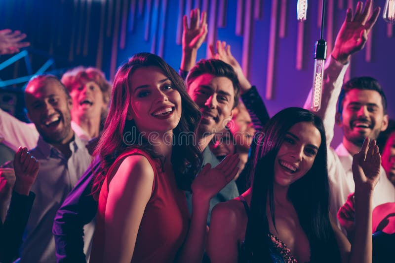 Photo Portrait of Attractive People Dancing Together Waving Hands ...