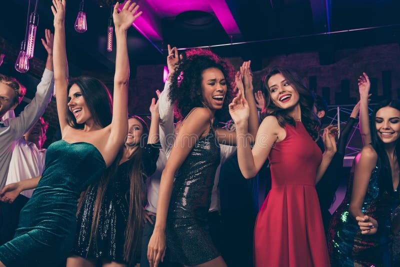 Photo Portrait of Carefree People Together Dancing at Prom Party Having ...