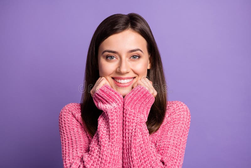 Photo Portrait Of Cute Nice Brunette Girl Wearing Pink Outfit Smiling Isolated On Bright Violet