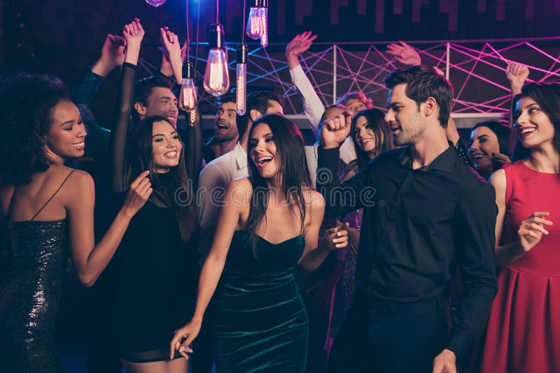 Photo Portrait of Excited People Dancing Together at Fancy Nightclub ...