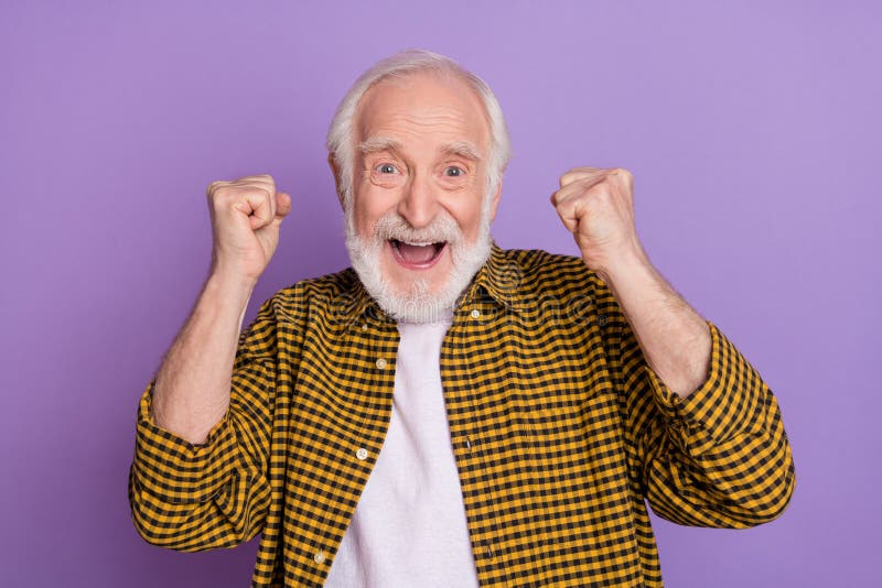 Photo Portrait Of Lucky Grandpa White Hair Lottery Champion Wear Trendy Yellow Checkered Shirt