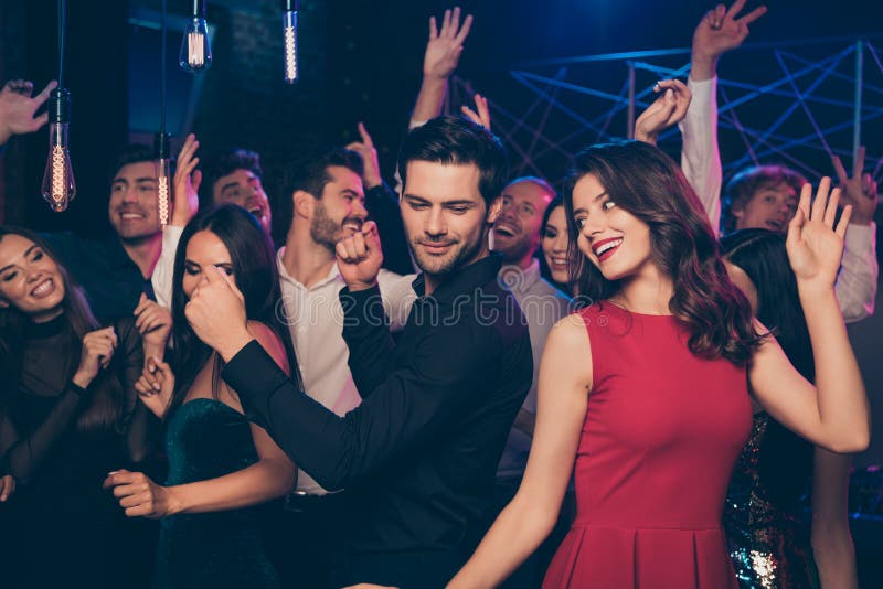 Photo Portrait of Nice Couple Dancing Together at Student Party Wearing ...